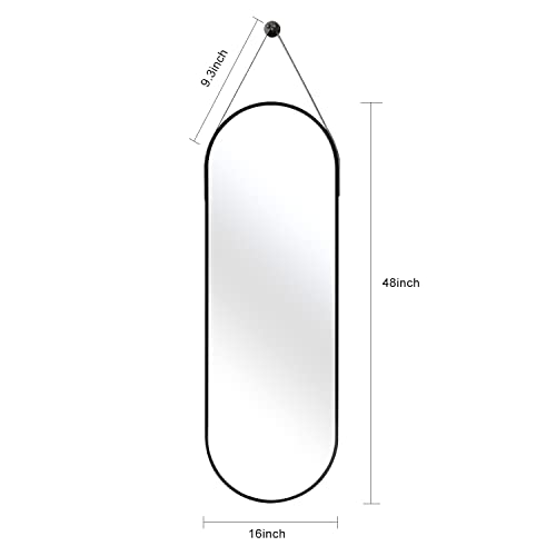 OGCAU 48'' x 16'' Full Length Mirror Wall-Mounted, Full Body Hanging Mirror for Wall and Door in Bedroom, Living Room, Oval with Straps, Hanging with Aluminum Alloy Frame (Oval Black)