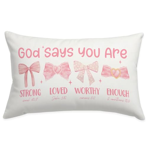 Pink 12x20 Throw Pillow Cover, Pink Bow Coquette Decorative | Christian Room Decor Gifts for Women Girls Teen, Inspirational Affirmations Decor, Bible Verse Bow Decor for Girls Room Dorm
