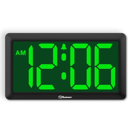Soobest 9.5 Inch Large LED Digital Wall Clock Battery Operated, Auto & Manual Dimmer Display, Easy to Read 3.2'' Big Digit with Alarm for Seniors, Modern Decor for Living Room, Bedroom, Office (Green)