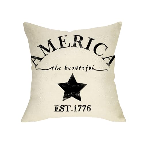 July 4th Farmhouse Decorative Throw Pillow Cover America Est. 1776 Patriotic Sign Decoration Rustic Home Decor Cotton Linen Cushion Case for Sofa Couch, 18" x 18"