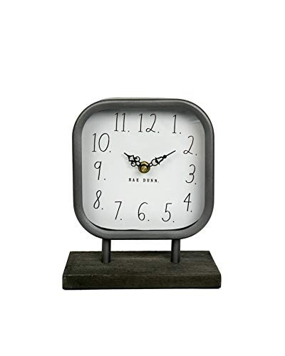 Rae Dunn Desk Clock - Battery Operated Modern Metal Rustic Design with Wooden Base for Bedroom, Office, Kitchen - Small Classic Analog Display - Chic Home Décor for Desktop Table, Countertop