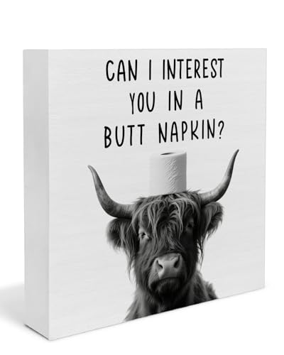 Funny Highland Cow Bathroom Decor, Can I Interest You in A Napkin Wooden Box Sign, Cute Cow Bathroom Accessories Restroom Decor, 5×5 Inches