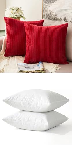 MIULEE Pack of 2 18 * 18 Corduroy Soft Soild Decorative Square Throw Pillow Covers Christmas Red and Pack of 2 18x18 Feather Pillow Inserts for Sofa Bed