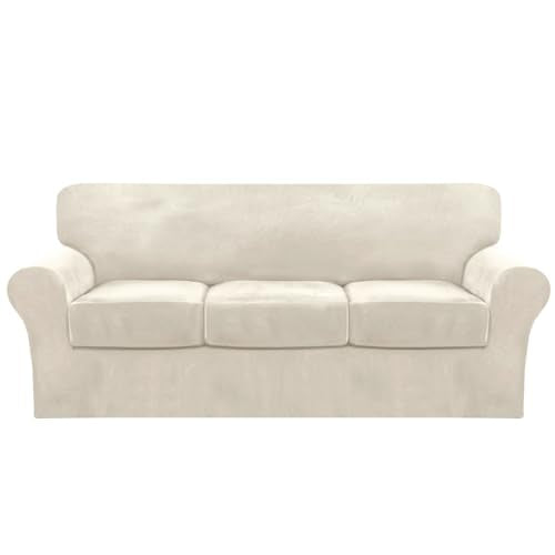 FantasDecor 4 Piece Sofa Velvet Couch Covers for 3 Cushion Stretch Slipcover with Individual Seat Cushion Elastic Furniture Protector for Pets, Machine Washable (Sofa, Ivory)