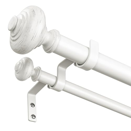 White Double Curtain Rod 36 to 124 Inch, Decorative Adjustable 1 Inch Heavy Duty Long Dual Curtain Rods for Windows, Boho Rustic Vintage Double Drapery Pole with White Finial