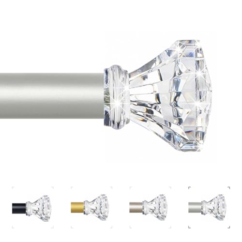 TVWOO Silver Decorative Crystal Curtain Rods 36 to 88 Inch:Heavy Duty Adjustable Window Curtains Rods for Living Room Bedroom,Nickel Modern Girly Acrylic Drapery Rod with Clear Bling Diamond Finials