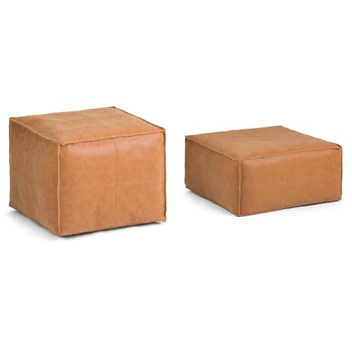 SIMPLIHOME Brody 18-Inch Wide Pouf and 30-Inch Wide Large Square Coffee Table Pouf Bundle in Distressed Brown, Vegan Faux Leather Ottoman, Footrest, or Extra Seating for Living Room, Assembled