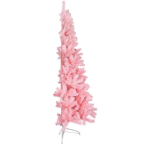 CCINEE 6ft Pine Artificial Christmas Pink Half Tree Easy-Assembly with Solid Metal Stand for Wall Xmas Themed Party Decoration Indoor Outdoor Living Room Decor