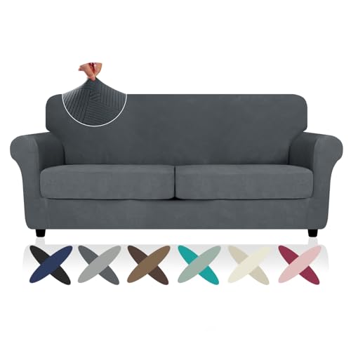 ZNSAYOTX 3 Piece Stretch Sofa Covers (71"-91") for 2 XL Cushion Couch, Thick Striped Sofa Cover with Elastic Band Bottom Ties Non-Slip Stay in Place, Soft Durable Couch Slipcovers, Dark Grey