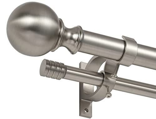 Double Curtain Rod for Windows 36-72", Adjustable Double Drapery Rod with Round & Barrel Finials, Brushed Nickel Decorative Curtain Rod, 1-Inch Front and 5/8 Inch Diameter Back Window Curtain Rod