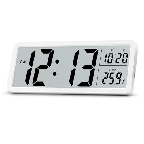Lafocuse LCD White Digital Wall Clock Battery Operated, 8.5 Inch Large Display Digital Clocks with Date and Temperature, Modern Simple Desk Clock for Bedroom Living Room Office