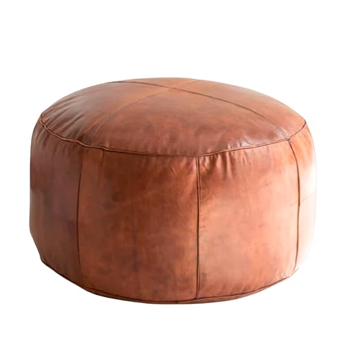 Handmade Moroccan Round Leather Pouf – Delivered Unstuffed – Ottoman, Footstool, Footrest, Hassock, Floor Cushion – Versatile Artisan Accent (Tan, 12"×12"×12" in)