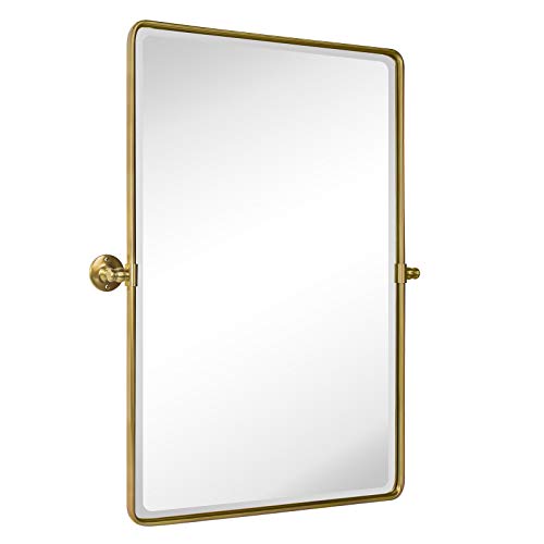 TEHOME Gold Pivot Rectangle Bathroom Vanity Mirrror Farmhouse Tiltable Rounded Metal Framed Pivoting Bathroom Mirror with Beveled Mirrror, Overall 26.91 x 35 inches (Mirrror 23 x 35 inches)
