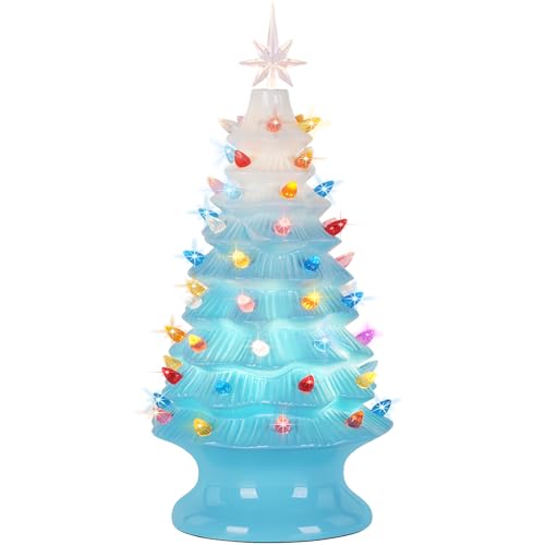 Lakumu 16.5" Table Top Christmas Tree, Hand Painted Resin Christmas Tree with Lights, Pre-lit Xmas Tree Decor Lighted Tabletop Decoration with Multicolored LED Bulbs, Ceramic-Like Finish, Blue