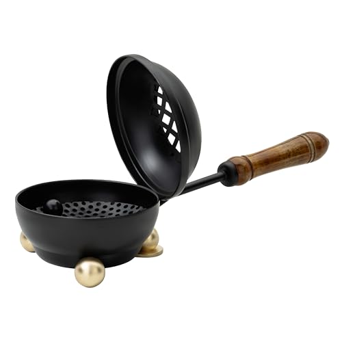 Premium Handmade Black Iron Incense Burner with Wooden Handle and Lid – Removable Screen, 3.15 Inch Diameter, 8.66 Inch Length