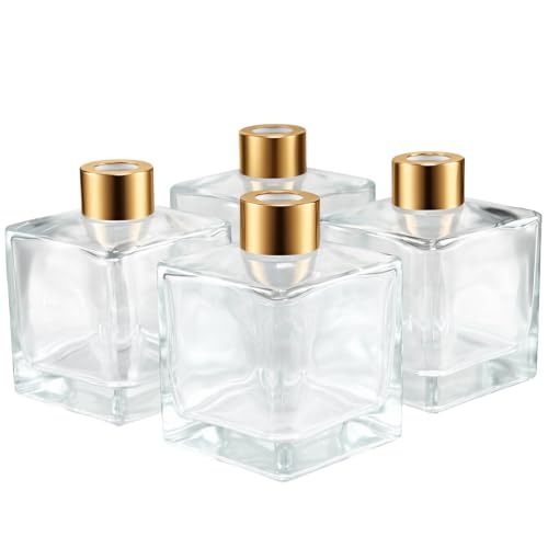 Squre Glass Diffuser Bottles with Gold Caps, Set of 4-3.7" High,200ml 6.7 fl oz. Fragrance Accessories Use for DIY Replacement Reed Diffuser Sets