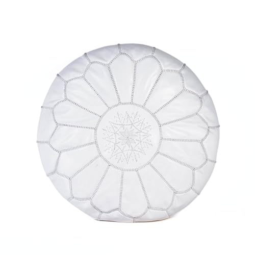 Handmade Moroccan Embroidered Leather Pouf | Delivered Unstuffed | Ottoman, Footstool, Footrest, Hassock, Floor Cushion | Matching Thread (White)
