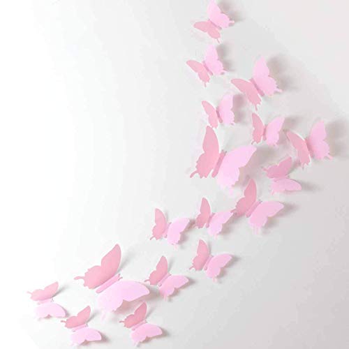 24pcs Kawaii 3D Butterfly Removable Mural Stickers Wall Stickers Decal for Home and Girls Room Decoration (Pink)