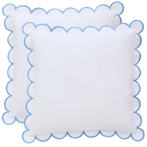 BEBE BASK Scalloped Pillow Cover - Set of 2-18 x 18 Inch - Scallop Pillow Cover – White and Blue Scalloped Pillows - Scallop Pillows - 100% Cotton - Grandmillennial Style (White/Blue)