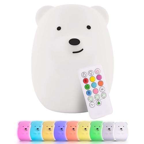 Lumipets Benny the Bear Squishy Silicone Night Light for Kids | Cute Night Light with Remote & Touch Control for Girls & Boys | 9 Color Changing Soft Portable Animal Lamp Comes with USB Cord