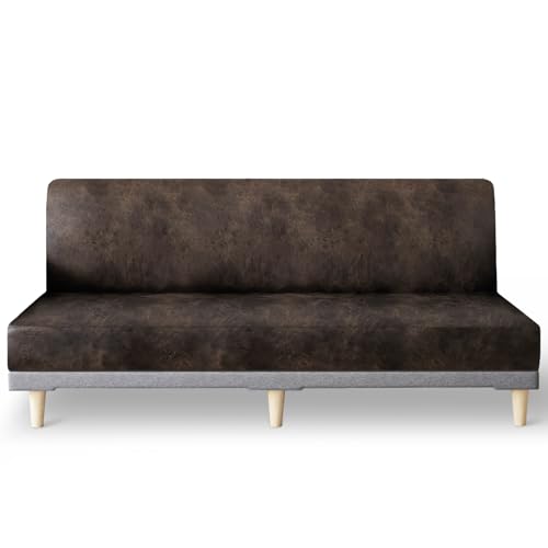 Leather Like Stretch Futon Slipcover Armless Futon Bed Sofa Cover Furniture Protector with Elastic Bottom, Soft and Washable Futon Cover for Sofa Bed Stay in Place(Larger,Dark Brown)