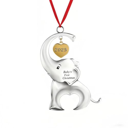 Baby's First Christmas Tree Decorations, Christmas Ornaments 2025, Baby First Christmas Elephant Deco, Baby Keepsake Ornament with 2 Colors Ribbon, for Newborn Baby Boys or Girls (Silver)
