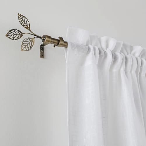 RYB HOME Brass Curtain Rod 1 Inch Diameter with Vivid Leaf Finials Telescoping Single Rod for Kitchen Living Room Bedroom Window Adjustable Length from 48 to 86 Inch, Antique Brass