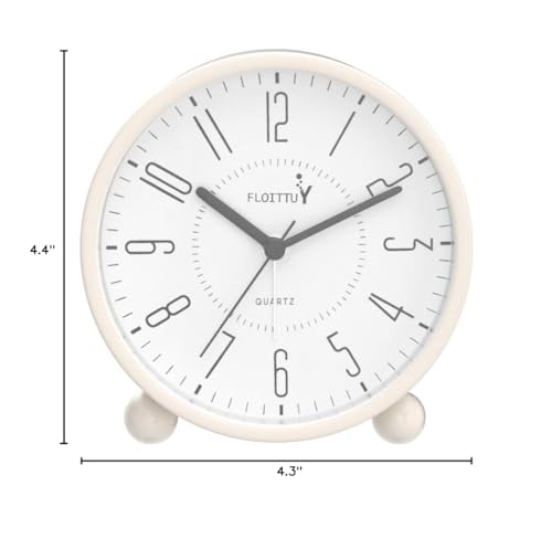 FLOITTUY Super Silent Metal Alarm Clock,Beep Wake Round Alarm Clock with Night Light,Battery Operated,Easy Set,Simple & Retro for Desk, Bedroom and Home Decoration(Creamy White)