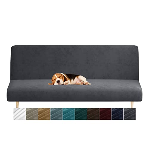 MAXIJIN Velvet Futon Cover Full Size Stretch Futon Mattress Cover Thick Soft Armless Sofa Bed Slipcover Plush Couch Furniture Protector with Elastic Bottom, Machine Washable (Gray)