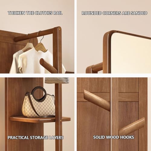Floor-Standing Solid Wood Rotating Coat Rack,Rustic Wood Full Length Mirror with Coat Rack 360° Rotatable Standing Mirror and Coat Hanger for Bedroom and Living Room Roller Version