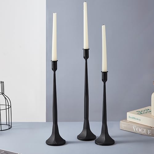 Iron Taper Candle Holder Set of 3, Black Candlestick Holders 19.3”17” 14” Heightening Decorative Candle Stand Set for Wedding, Dining Table, Home Decoration (Black)
