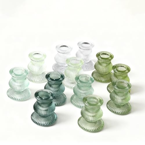 Green Glass Candle Holders 12 Pcs, Ribbed Taper Candle Holders Bulk, Vintage Candlestick Holders for Sage Green Wedding Centerpieces, Christmas Table Decor, Party & Easter Home Decor