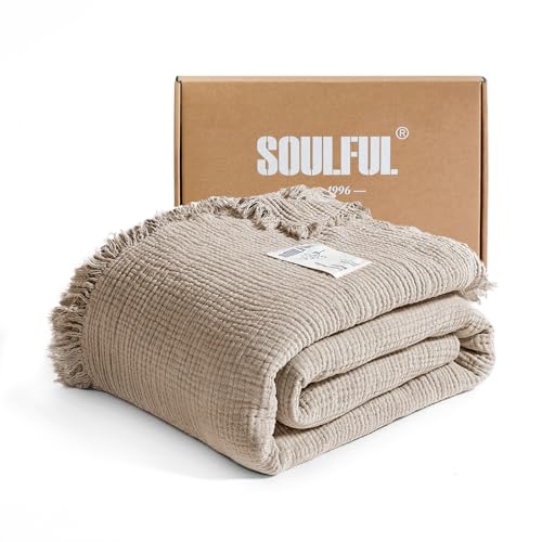 SOULFUL Muslin Throw Blanket with Tassels - Soft Cotton Throw Blanket for Couch or Bed, Lightweight and Breathable Gauze for All Seasons, Light Tan, 50" x 60"