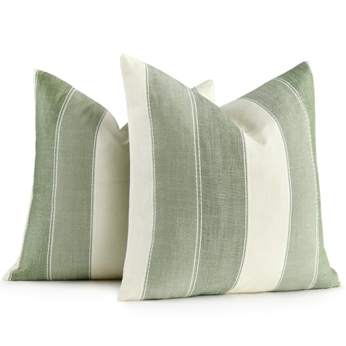 AmHoo Pack of 2 Farmhouse Stripe Check Throw Pillow Covers Set Case Cotton Linen Decorative Pillowcases Cushion Cover for Couch Bench Sofa 18x18 Inch Sage Green