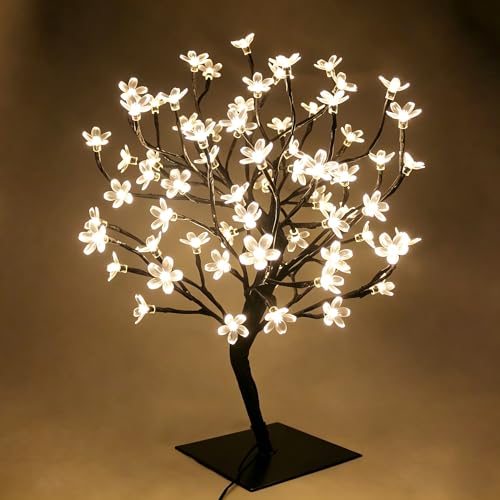 23inch 90 LEDs Cherry Blossom Tree Lights Desk Top Bonsai Tree Lamp with Low Voltage Transformer, Ideal for Christmas Wedding Party Bedroom Home Decoration (Warm White)