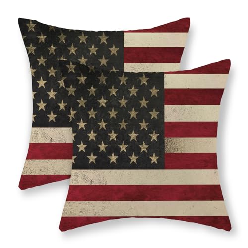 4th of July Pillow Covers 18x18 Inch Set of 2, Vintage American Flag Decor Patriotic Throw Pillows Memorial Independence Day Pillowcase Outdoor Decorations Linen Cushion Case for Couch Sofa