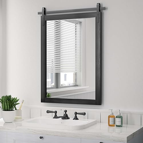 PAIHOME Black Farmhouse Mirror for Bathroom, 22x30INCH Wood Framed Rectangle Bathroom Mirrors for Vanity, Barn Door Style Mirrors Wall Mounted Dresser Decor Mirror Living Room Bedroom Vertical