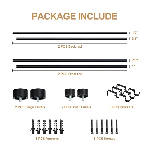 OLV Black Double Curtain Rod, 1 Inch Dual Curtain Rods for Windows 36 to 72 Inch, Heavy Duty Adjustable Telescopic Spliced Window Treatment Rods Set for Living Room Farmhouse