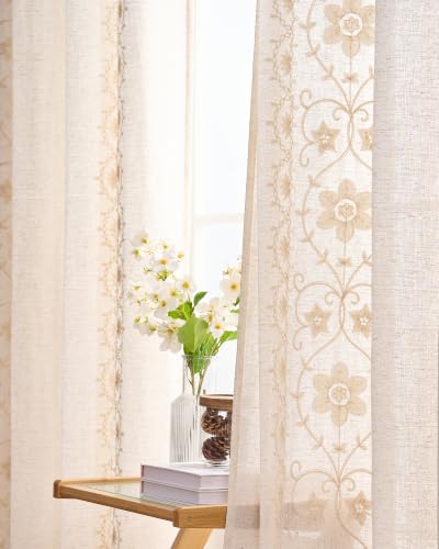 Beige Farmhouse Curtains for Living Room Ivory Boho Linen Curtains 84 Inches Long 2 Panels for Bedroom Vintage Floral Embroidered Drapes Cream Light Filtering Grommet Window Drapes Ivory on Beige