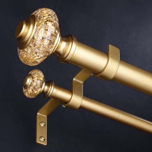 Gold Double Curtain Rod 36 to 124 Inch, 1 Inch Adjustable Decorative Crystal Long Dual Curtain Rod, Heavy Duty Vintage Double Drapery Pole with Gold Foil Finials for Living Room