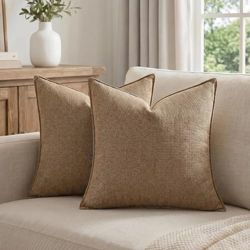 Fancy Homi Set of 2 Brown 20x20 Inch Soft Chenille Decorative Throw Pillow Covers with Flange Edge, Square Neutral Modern Boho Textured Cushion Case Home Decor for Couch Sofa Bed Living Room