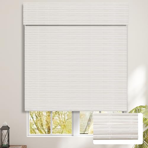 SEEYE Cordless Bamboo Blinds Shades, Light Filtering Bamboo Roller Shades Natural Roman Blind Shade, Roll Up Blind for Windows, Easy to Install for Door, Bedroom, 22" W x 64" H, White