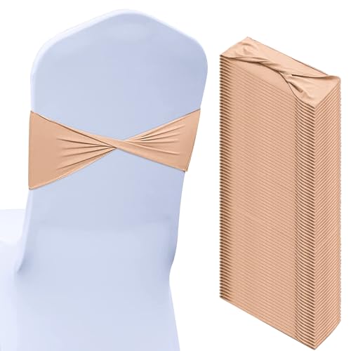 Kinlop 50 Pcs Spandex Chair Sashes Bows Chair Bands Slider Sashes for Covers Elastic Bands Ties Without Buckle Decorations for Wedding Party Events Ceremony Birthday(Nude)