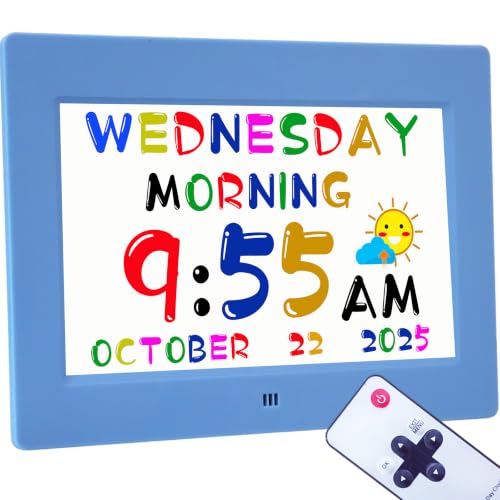 Véfaîî Digital Teaching Clock Talking Time, 24 Alarms Custom Reminders, Checklist to-Do List, Auto DST & Calendar Display, Sleep Trainer, Easy to Use for Kids Birthday Gift- Blue with Remote