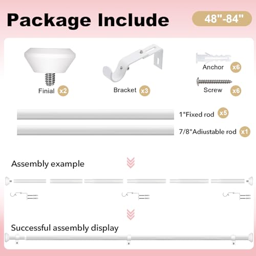 SIMEWIN Heavy Duty White Curtain Rods for Windows 48 to 84 Inches, White 1" Adjustable Curtain Rods with Diamond Finials for Bedroom, Living Room, Patio, Kitchen