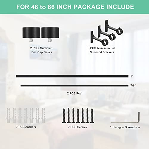 Matte Black Curtain Rods for Windows 48 to 86 Inch, 1-Inch Adjustable Drapery Rods with Aluminum End Cap and Brackets for Room Divider, Bedroom, Living room, Kitchen, Bathroom Etc