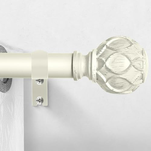 White Curtain Rods for Windows:Farmhouse Boho Decorative Curtain Rod for Bedroom Living Room,Heavy Duty Adjustable Rustic Drapery Rods with Vintage Coastal Texture Finials,Antique White 18-45"
