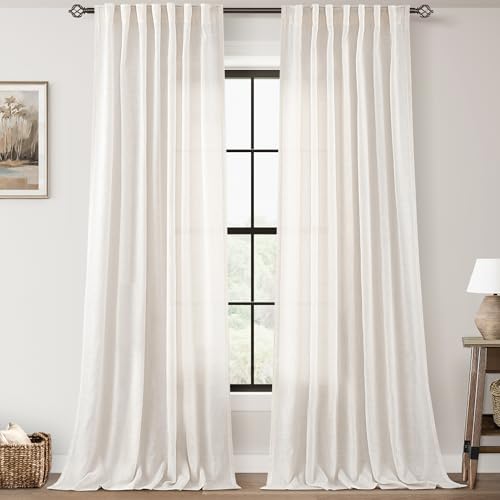 Natural Semi Sheer Linen Curtain 90 inch Length 2 Panels Set Back Tab Light Filtering Living Room Curtain Drapes Home Office Modern Minimalist Decor Farmhouse Boho Neutral Cream Curtain 90 inches Long
