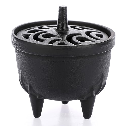 JUXYES Vintage Tripod Incense Burner Holder with Lid, Cast Iron Incense Holder Metal Cauldron Censer Antique Cone Coil Incense Burner Holder for Incense Resins, Cones, Charcoal or Wax Melts