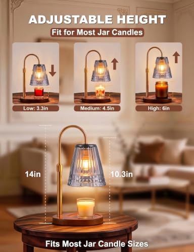 Candle Warmer Lamp with Timer & Dimmer, Adjustable Light Smoky Grey Glass Candle Warmer for Jar Candles, Home Gifts, Brass Electric Wax Melt Warmer with 4 Bulbs (2 Pack)